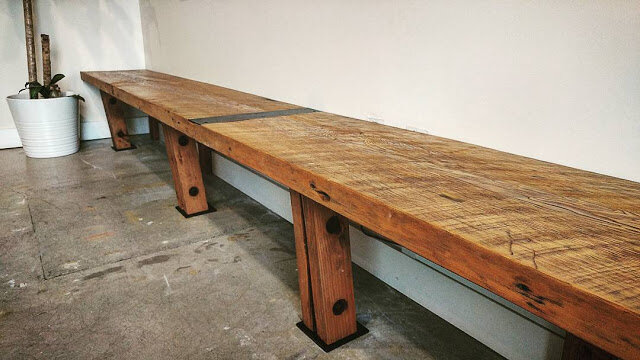 reclaimed wood bench for a Gastown office
