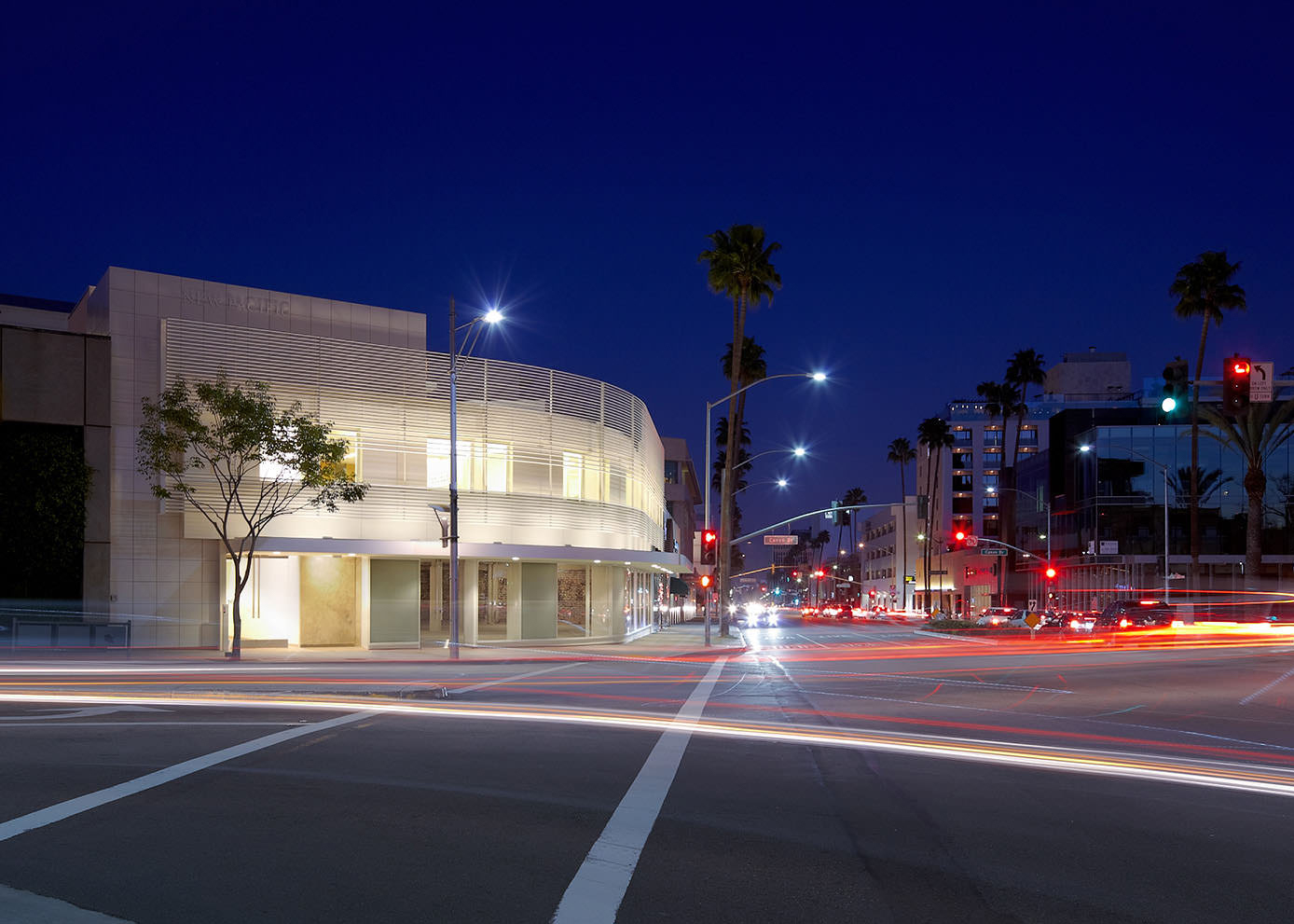 streetview of building at night at Wilshire Boulevard and Canon Drive