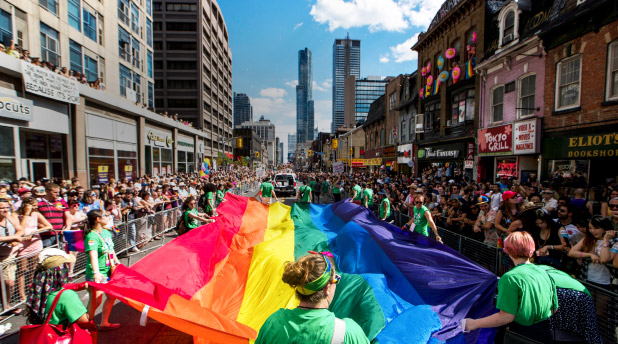 pride flag filling Yonge Street