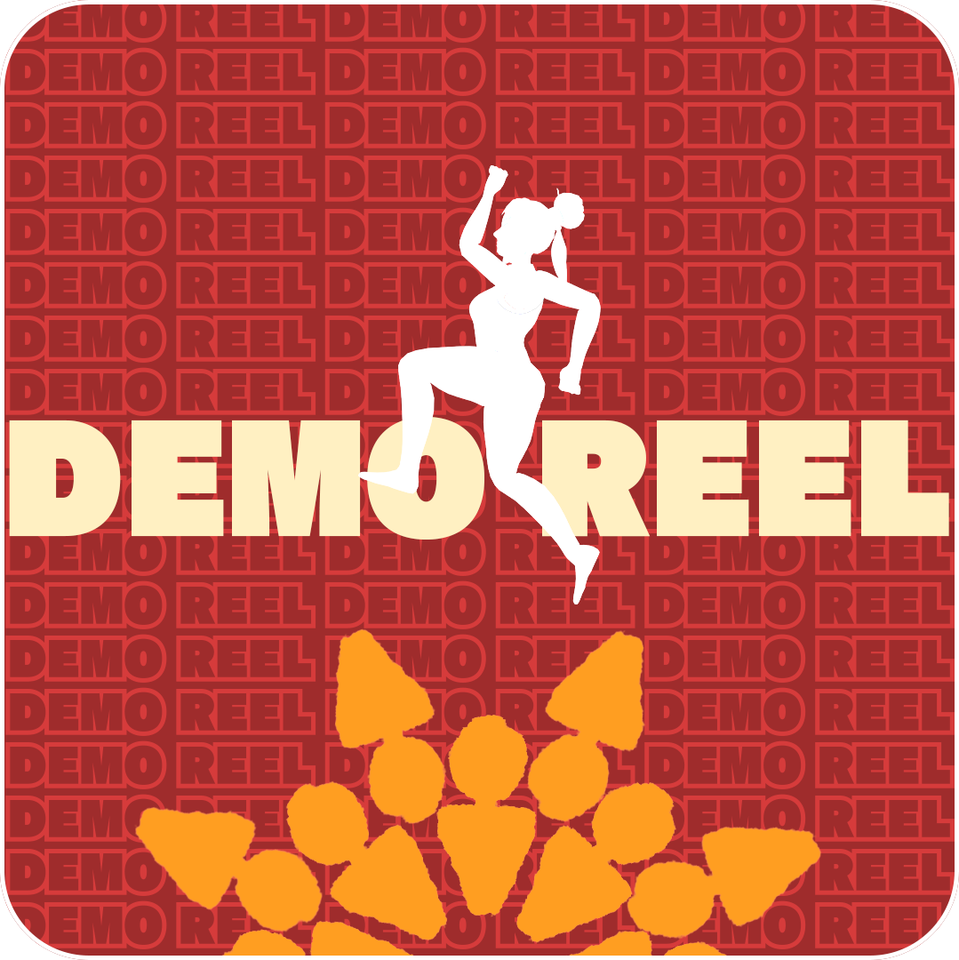 silhouette of a woman jumping over a floral gear thing with the word Demo reel in all caps behind her