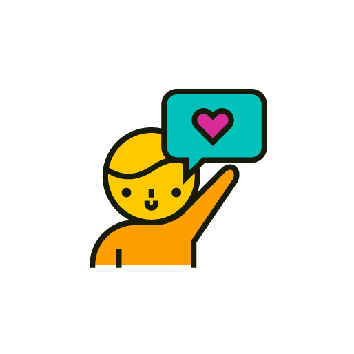 Icon of person with hand up and talk bubble with heart in center