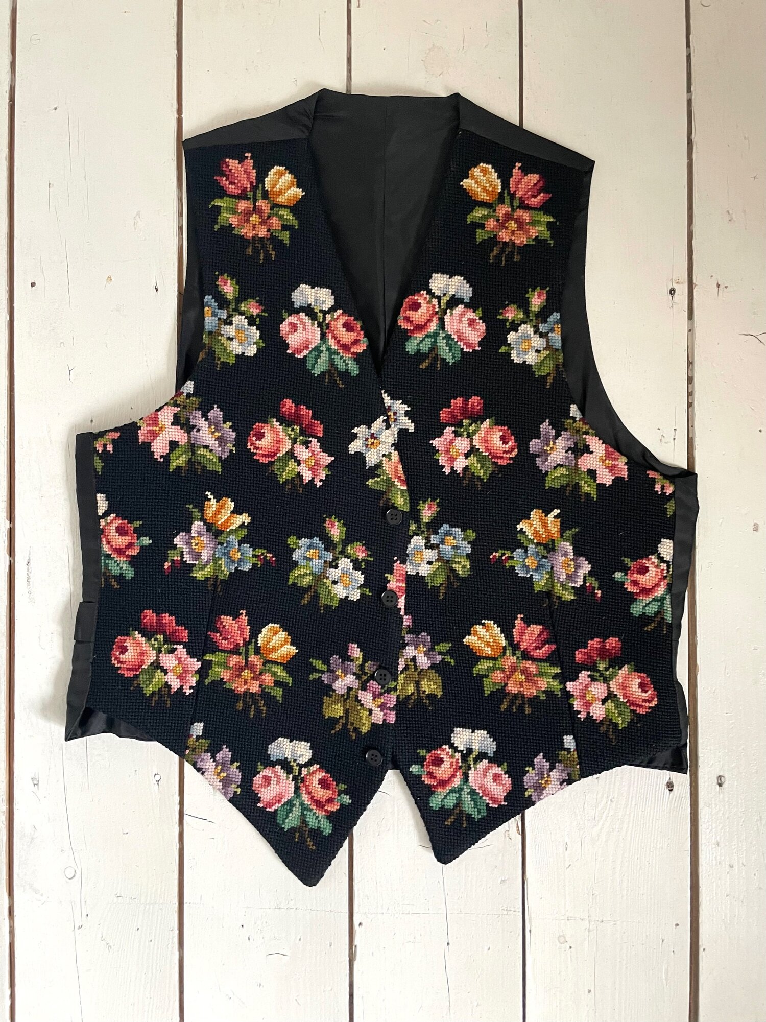Kaffe Fassett Style Needlepoint Floral Waistcoat — The Preloved Edit