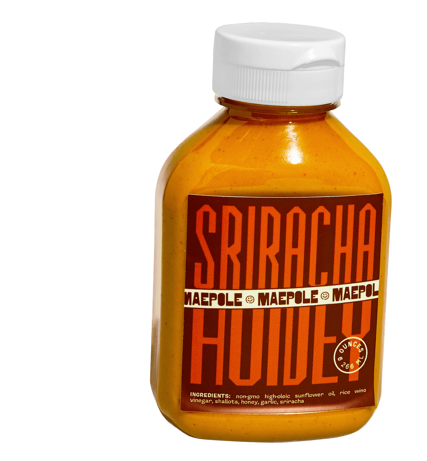 A bottle of Maepole Sriracha Honey sauce