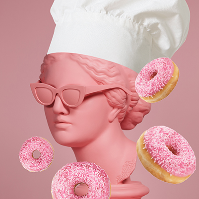 Female Sculpted Bust wearing sunglasses and a chefs hat with donuts floating around