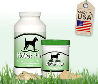 NuVet pill and powder pet supplements with bottles