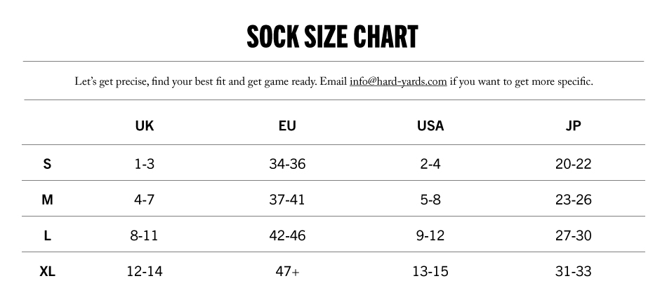 Hard Yards Sock Size Chart