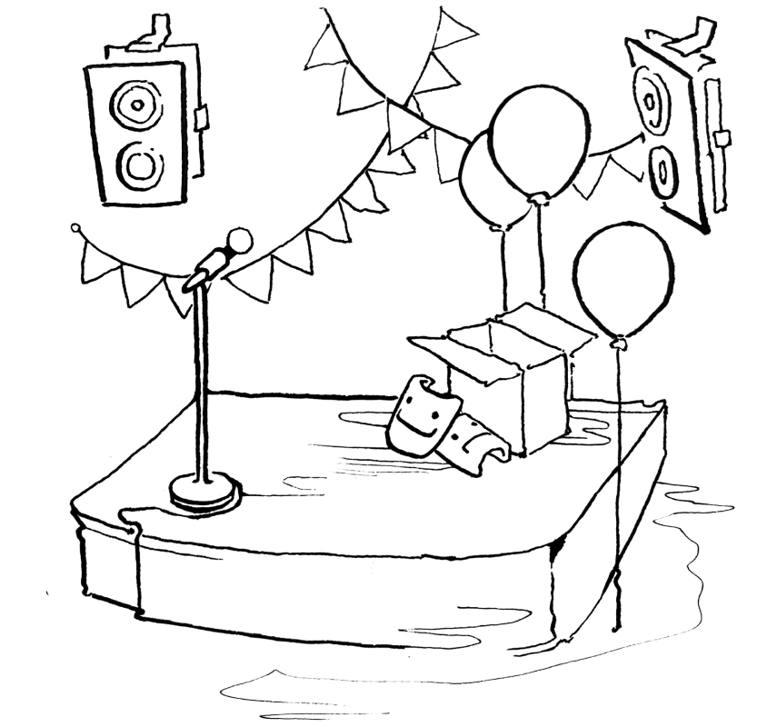 small stage with microphone, balloons, speakers and bunting