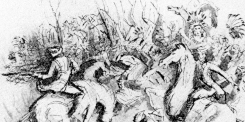 Black and white drawing of the Battle of Taawaawa Siipi