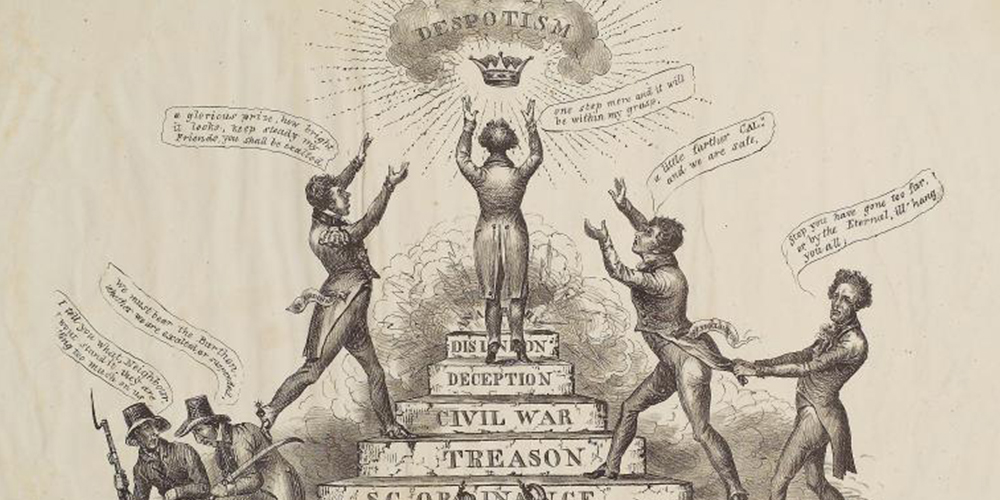 A political cartoon depicting attitudes of the Nullification Crisis