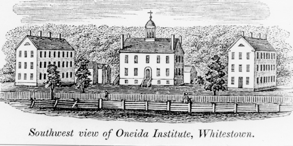 An etching of the southwest view of the Oneida Institute