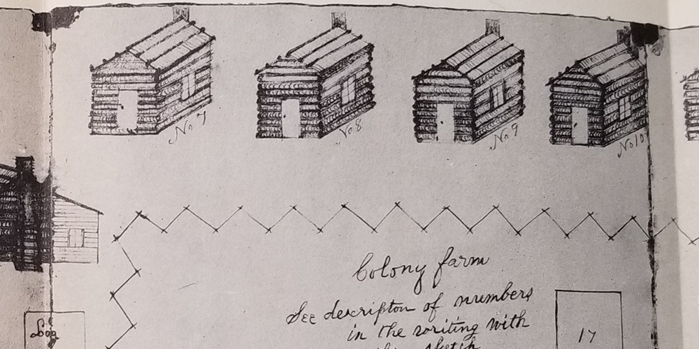 Hand drawn sketch of Log City by former resident Sam Holyoke