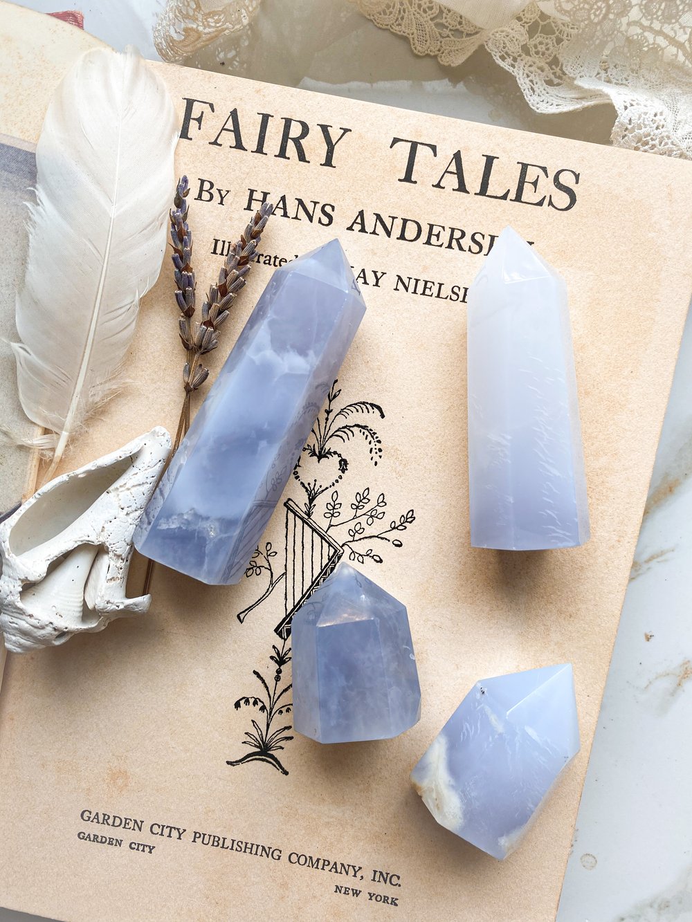small calming crystal point Blue chalcedony mini tower