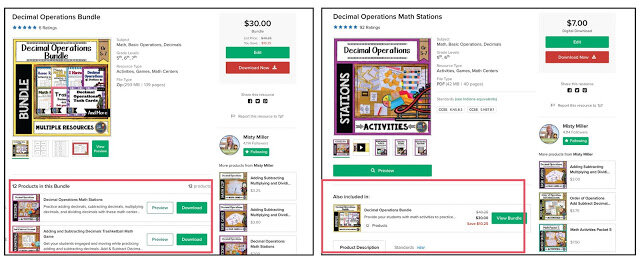 Images of resources showing bundle with individual products listed and individual product with bundles listed