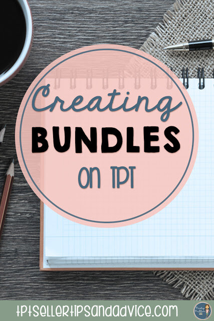 Pin image of desktop with supplies, center circle with text Creating Bundles on TPT