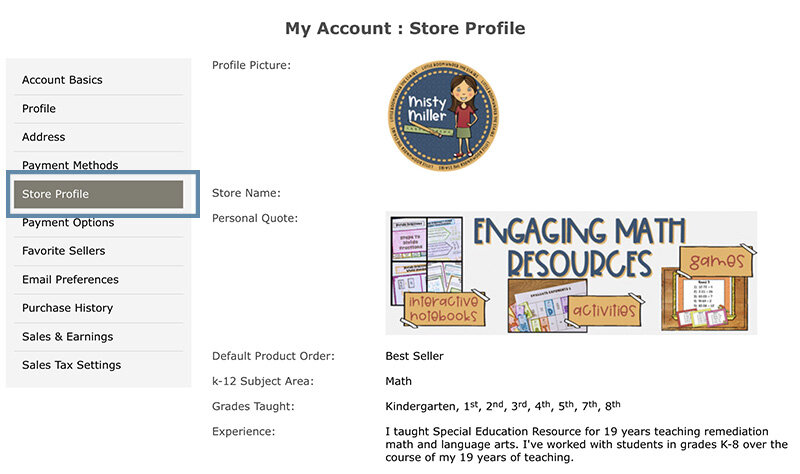 Image of My Account page with Store Profile boxed