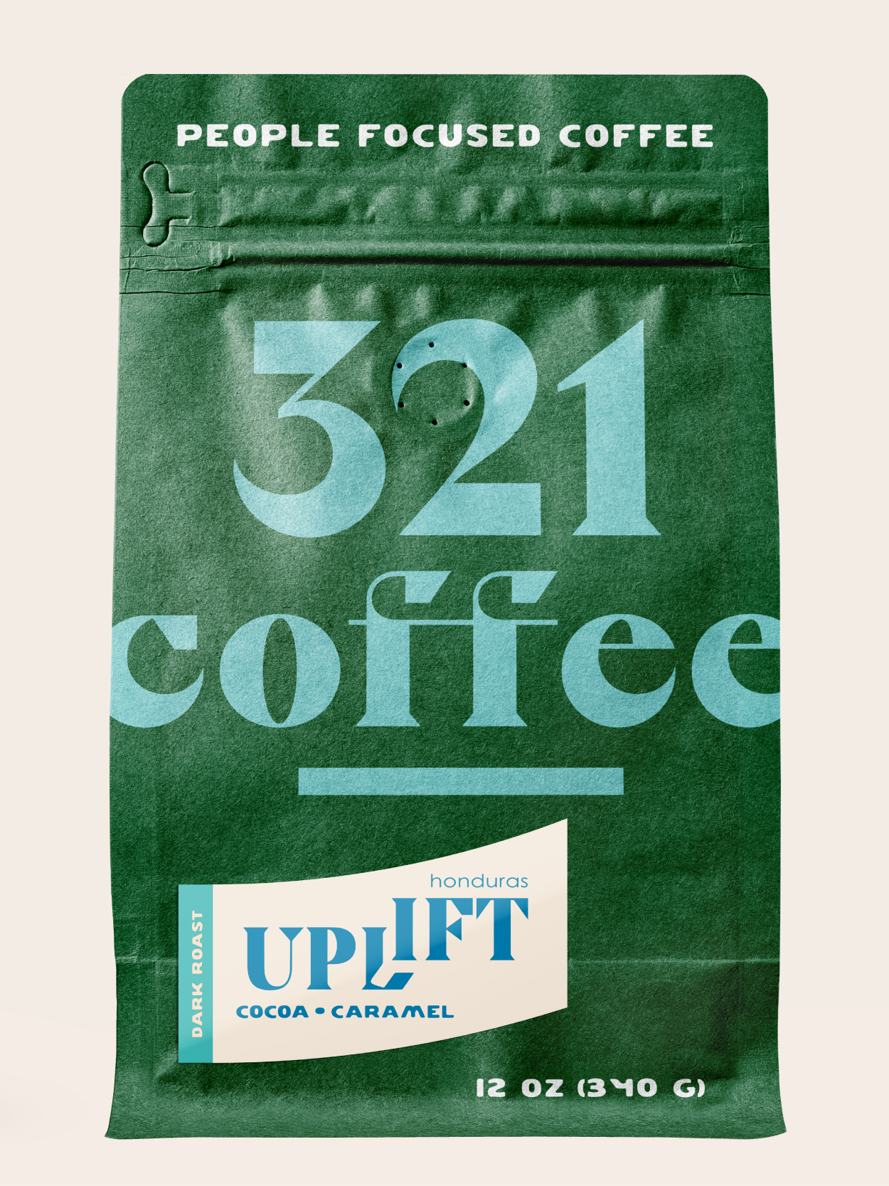 An image of 321's Rise coffee. When hovered over, the text Rise Light Roast, Floral and Honey, Ethiopia, appears above the bag.