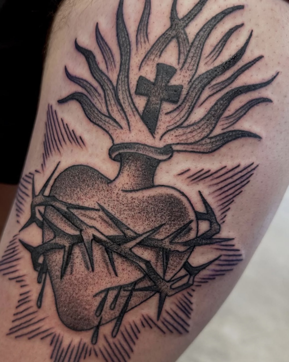 Black & grey tattoo by Vincent — dove and olive branch