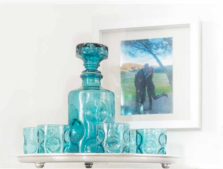 Beautiful blue glassware inside a neat and tidy home