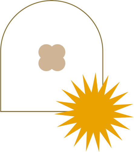 door outline with sun and abstract shape icon