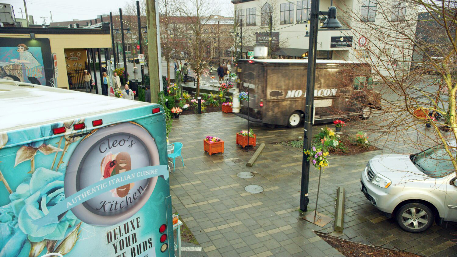 Establishing shot of food trucks with bare trees for the film You're Bacon Me Crazy