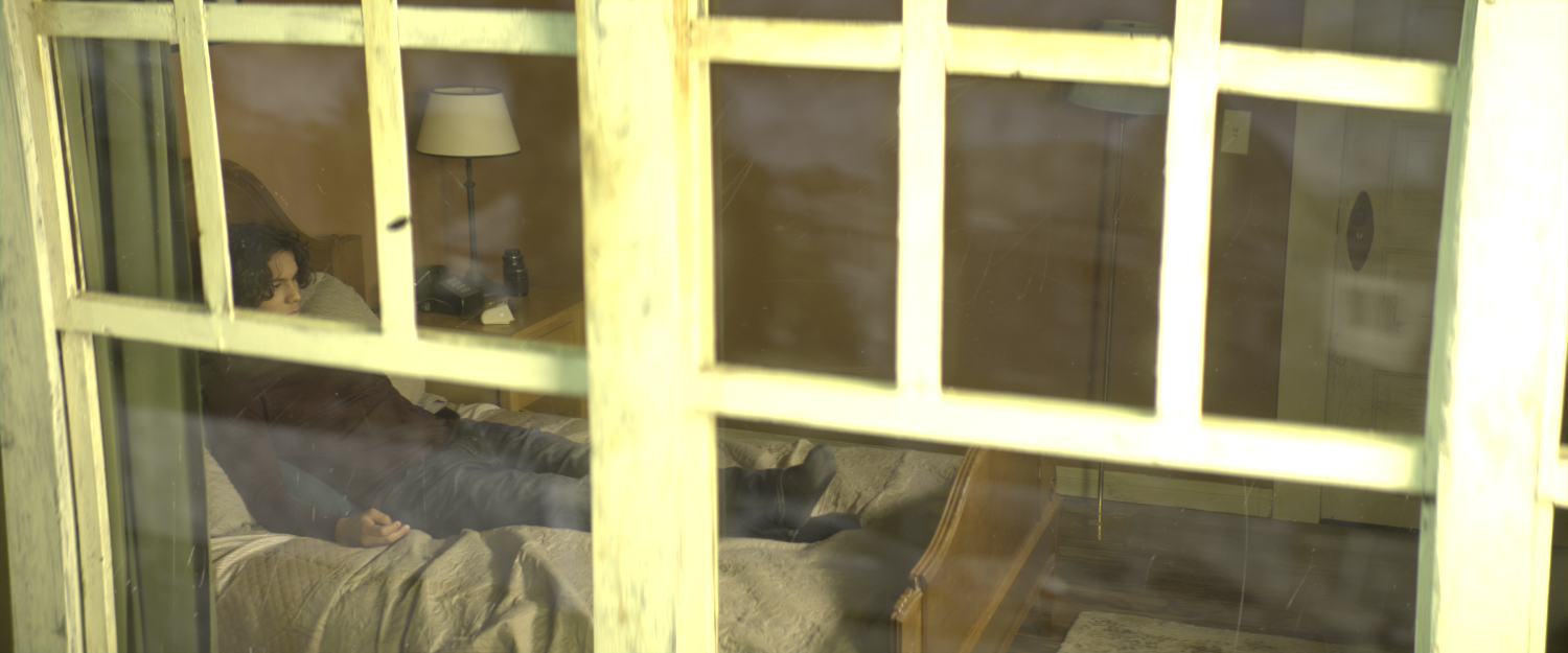 An actor sits in a bedroom in the film Proof Sheet, with VFX window reflections added by Foxtrot X-Ray