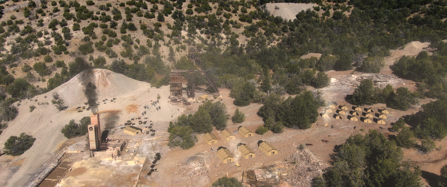 Drone shot of the mining camp in the film Dead Man's Hand with VFX completed by Foxtrot X-Ray