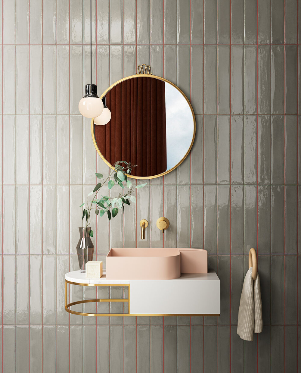 ilaria fatone inspirations - une salle de bains avec lavabo rose et faience verte