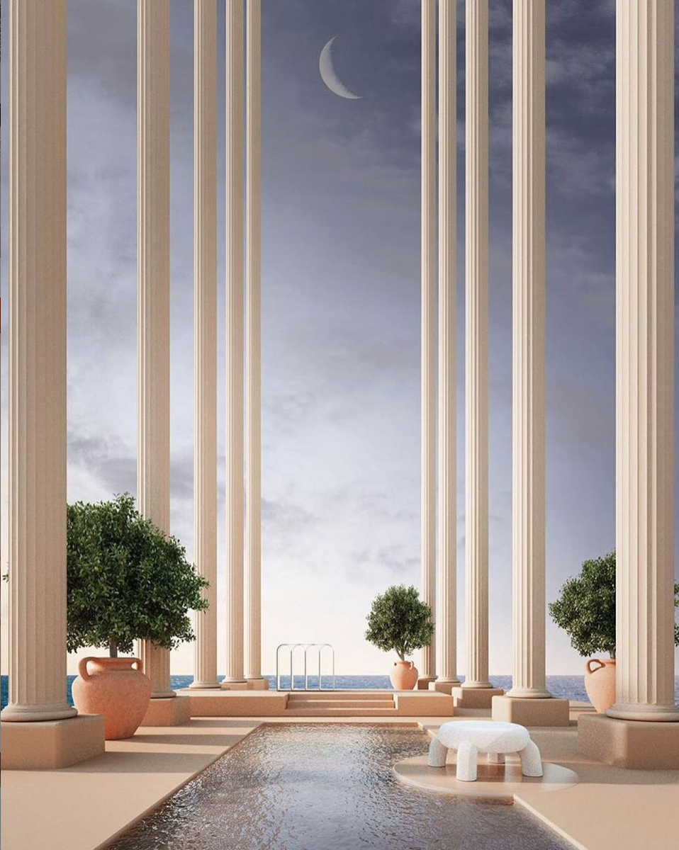 fantasy spot to escape reality in an open swimming pool between antiquity columns