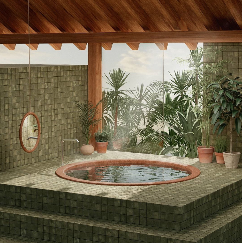 indoor pool in green-squared tiles