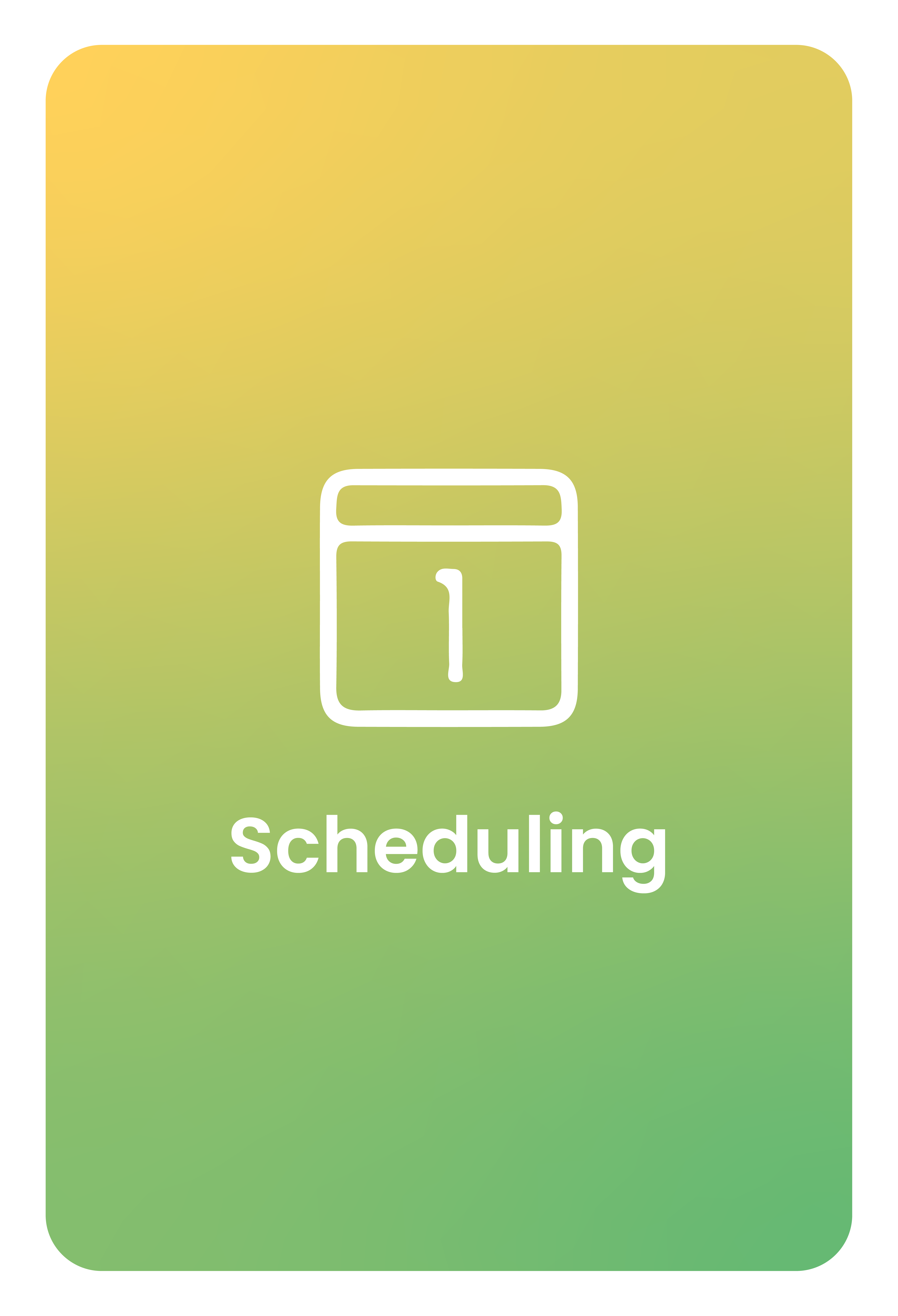 Green rounded rectangular image with title 'Scheduling'; when moused over, it says: -Set showing duration, notie required, etc. -Create one-time showing restrictions. -Client-editable showing availability. -Ability for clients to view feedback