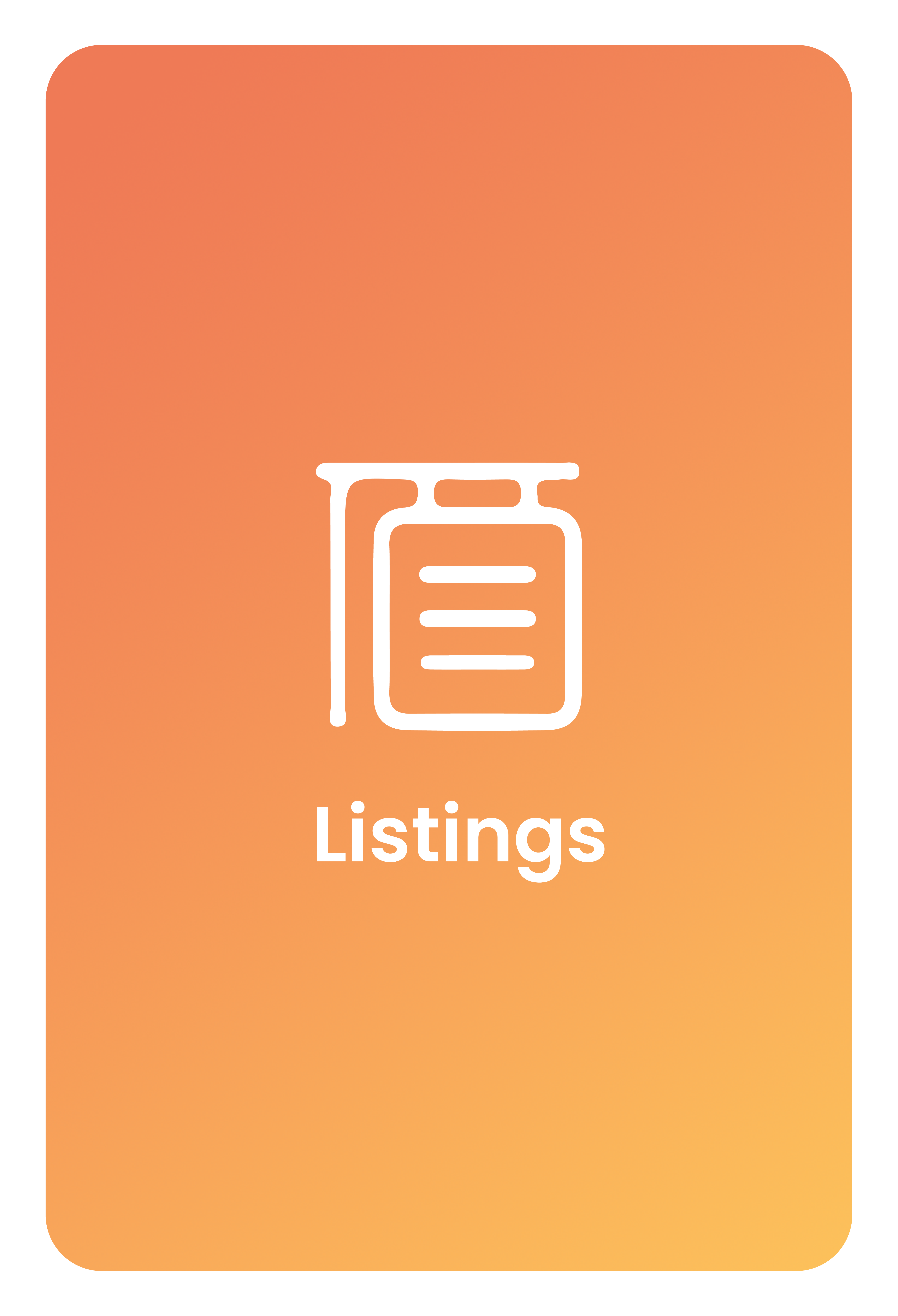Orange rounded rectangular image with title 'Listings'; when moused over, it says: -Easy to use home search and scheduling. -Batch schedule showings and route builder. -Saved showing information in case of dropped service. -Integration with your preferred calendar. -Monthly automated market reports. -Empower sellers to approve, deny, and set their listings availability for showings. -We don't sell agent data