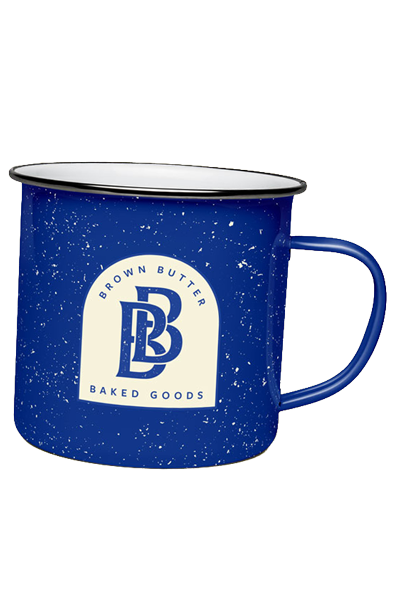 A blue spotted mug with an interlocking BB logo