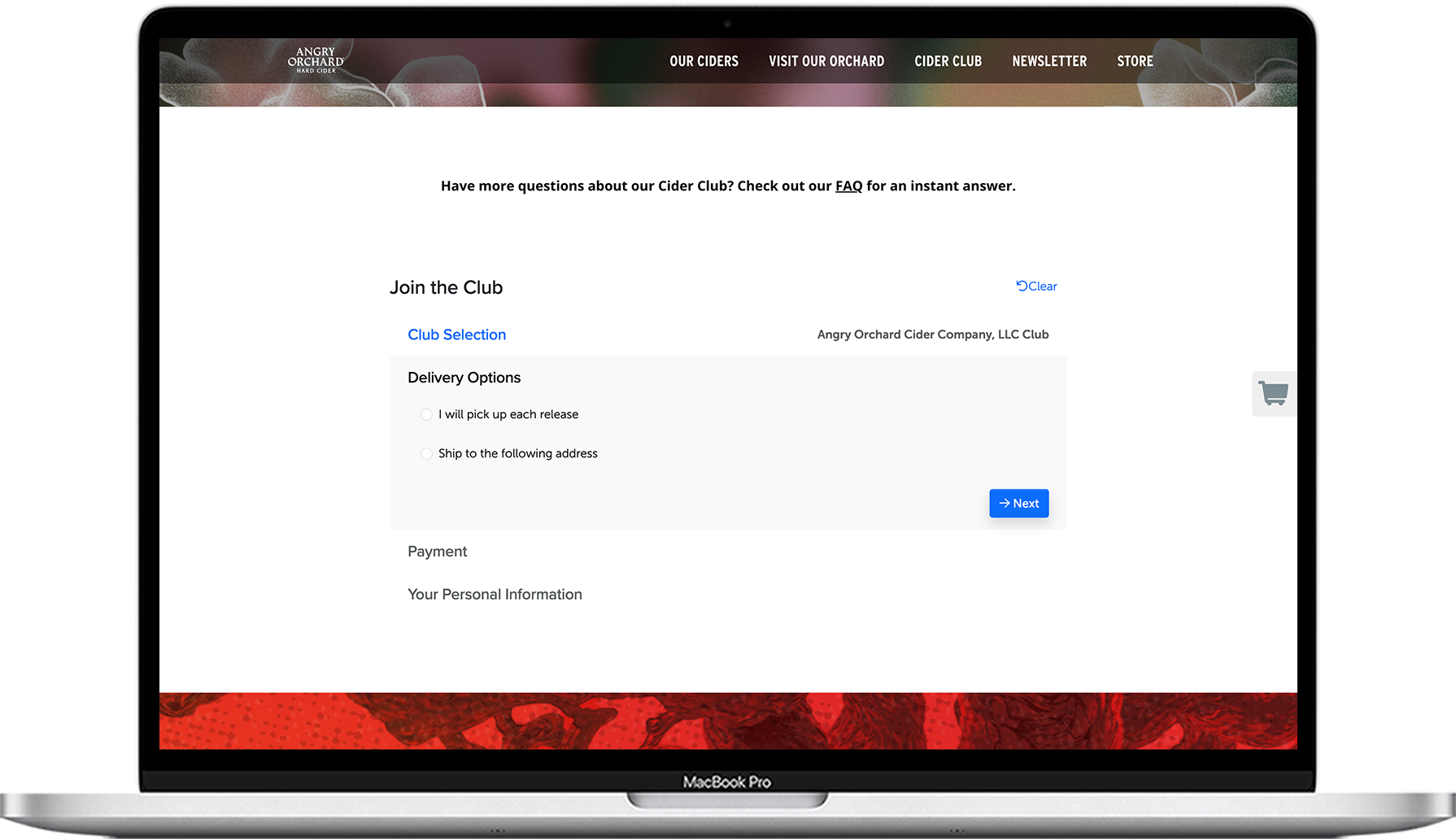 Club sign up form on laptop