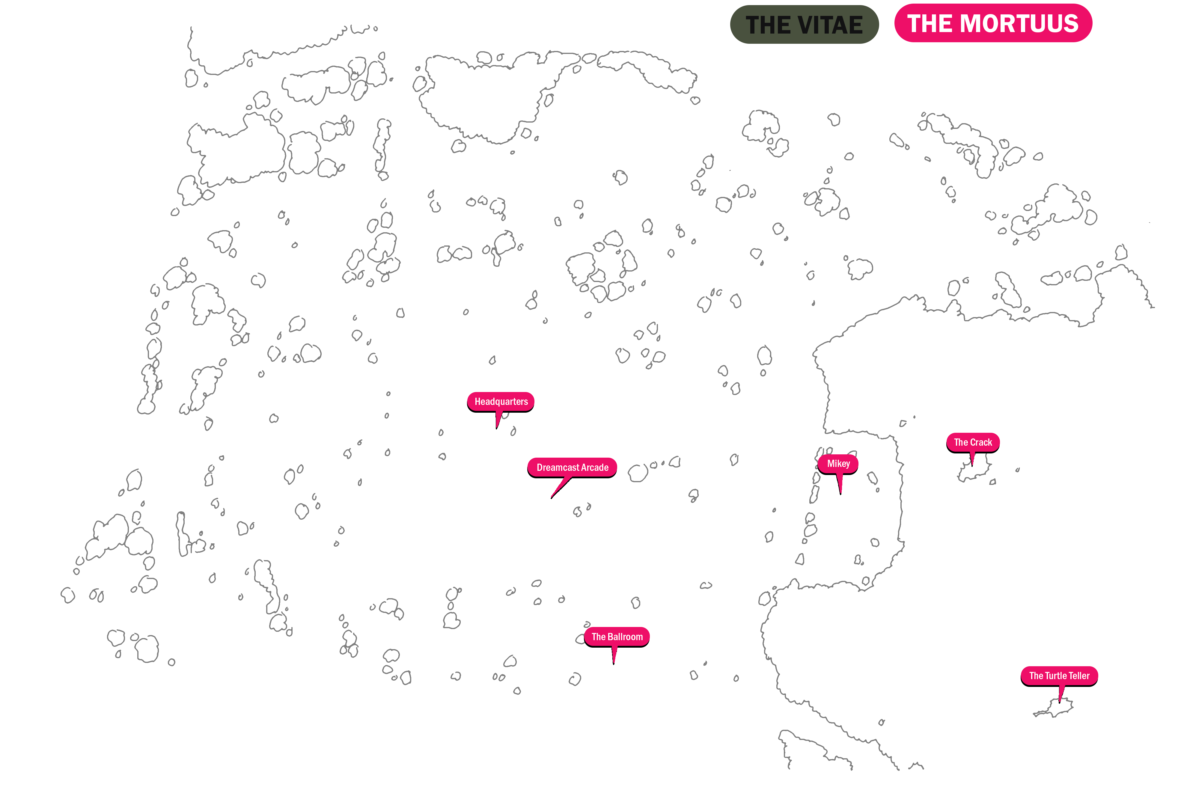map of inkwell with locations in the mortuus marked, such as dreamcast arcade, the ballroom, mikey's grave, the crack, and the turtle teller, the last two being far out in the woods