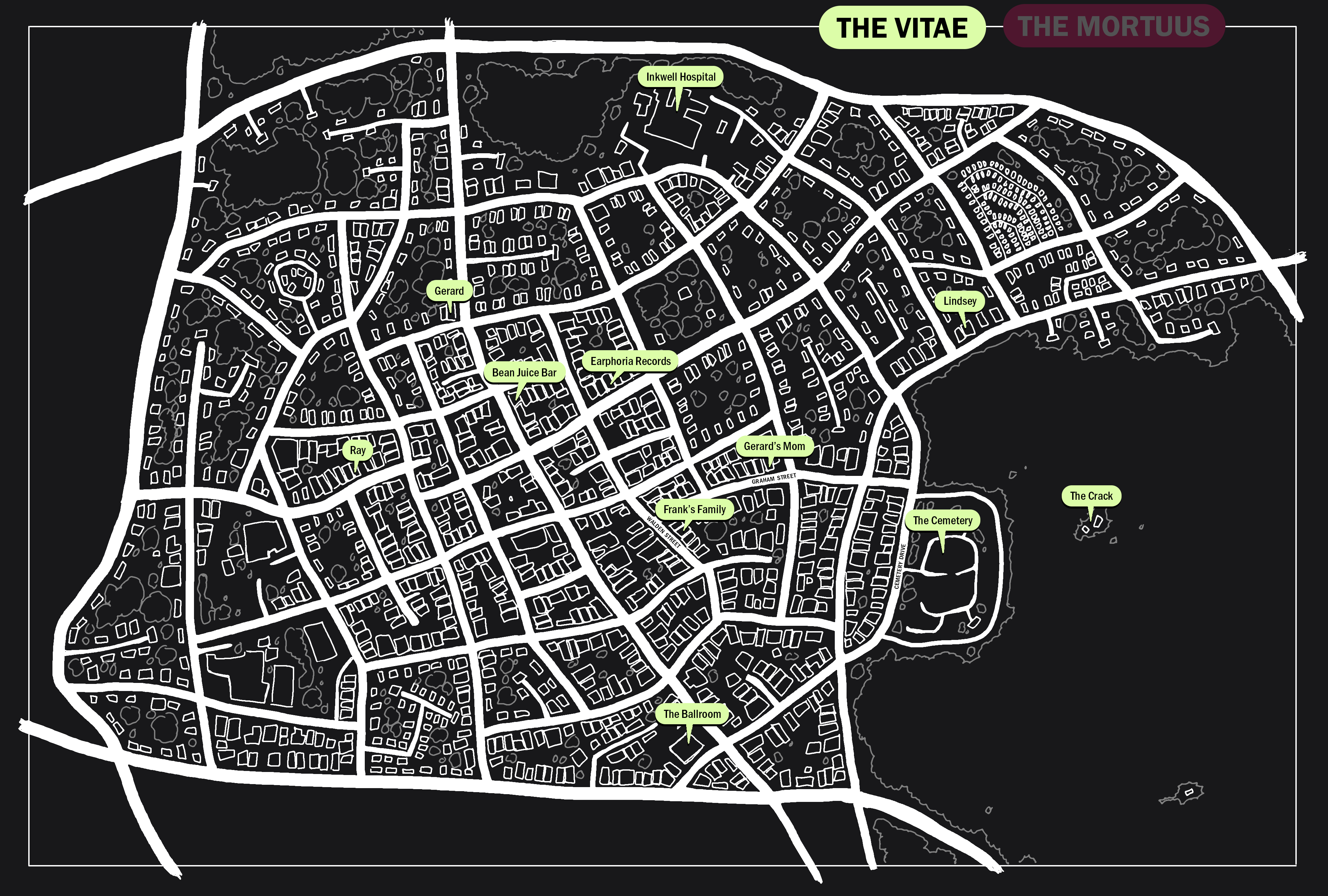 map of inkwell with locations in the vitae marked, such as where gerard and ray live, the bean juice bar, the ballroom, earphoria records, inkwell hospital, the cemetery, and the crack, which is far out in the woods