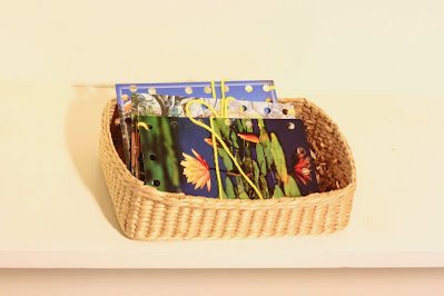 Montessori 'Sewing Cards with Post Cards' activity tray for children
