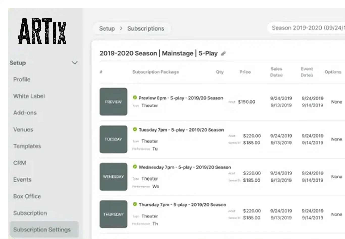Artix membership and subscription management dashboard