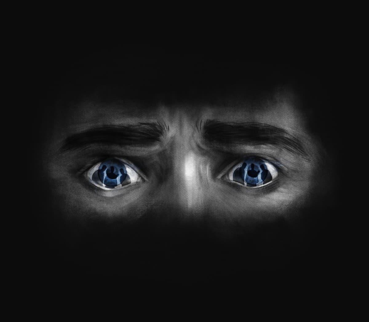 Three threatening figures are reflected in Kamran’s blue eyes.
