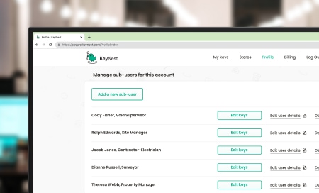 KeyNest portal: dashboard view of users and sub-users
