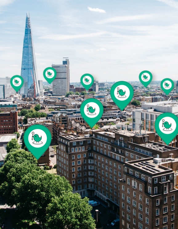 A skyline of London with KeyNest Points tagged