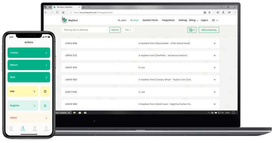 KeyNest app and portal displayed on laptop and mobile phone screens