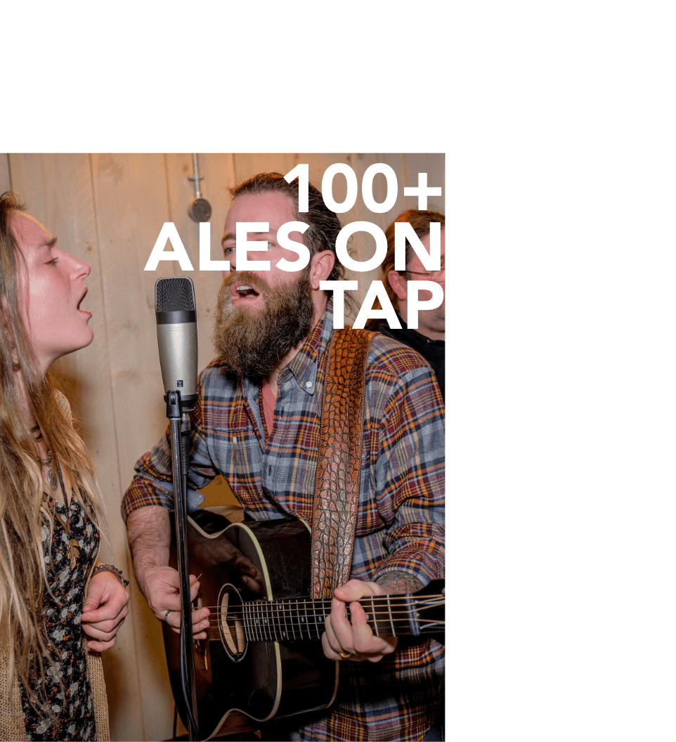 Text saying 100+ beers on tap over a man and woman singing into a microphone.